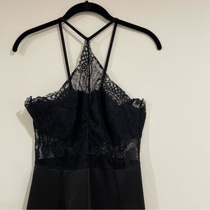 Black midi dress high neck lace cut out top bandeau thin straps size 4 open back